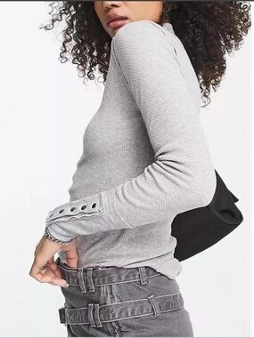 Free People We The Free Light Gray Stretch Ribbed Long Sleeve Top Size Large